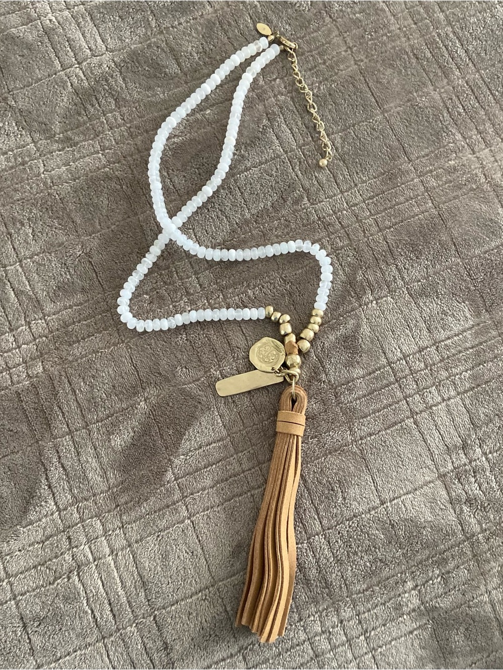 Chico’s White Beaded Necklace with Tan Leather Tassel - solid beautiful beads